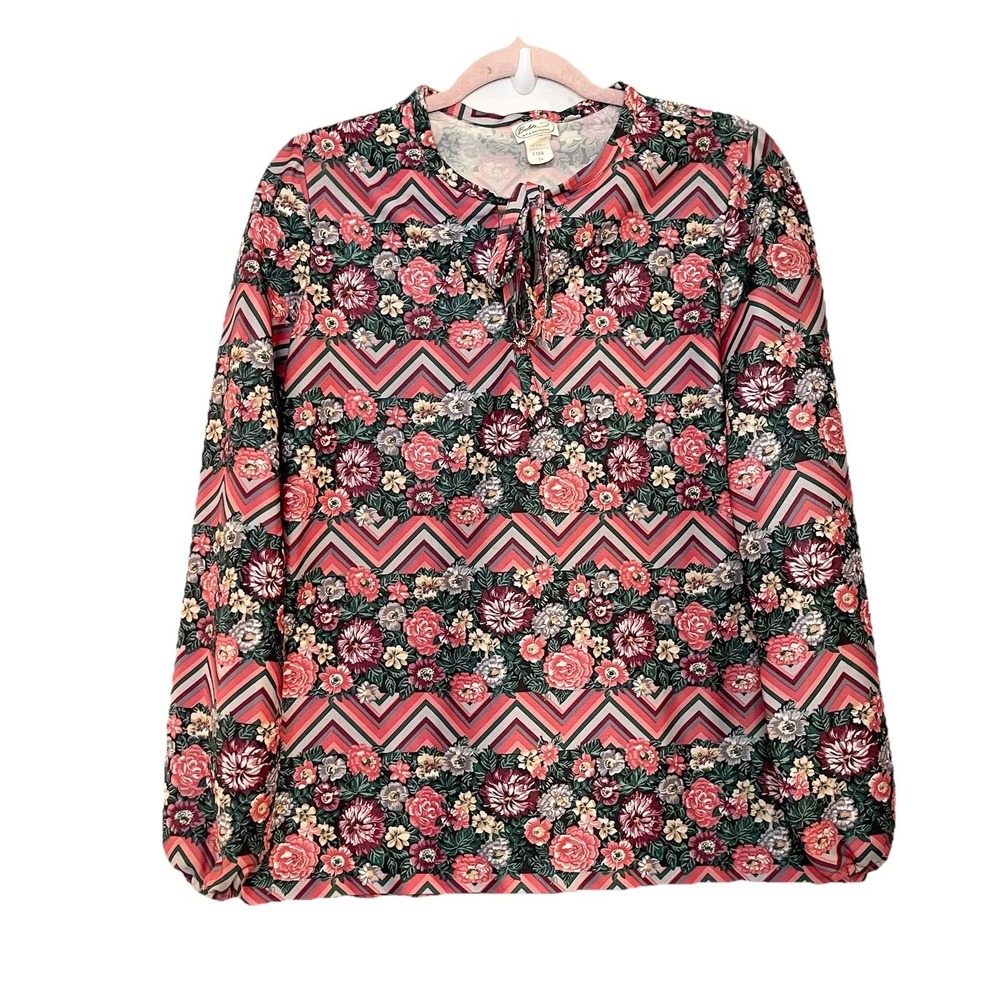 Vintage 60s 70s‎ Disco Top Blouse Floral Chevron Keyhole Tie Beeline Fashions